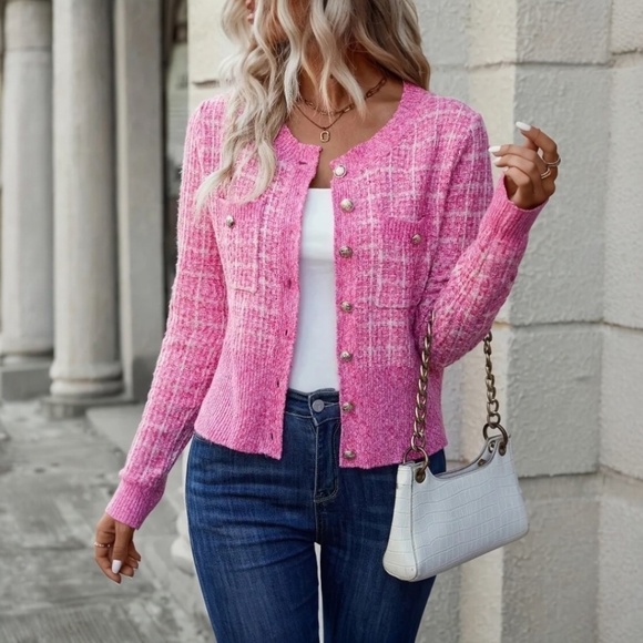 Stylish Long Sleeve Open Front Cardigan with Pockets Bright Pink 14 - Picture 2 of 3
